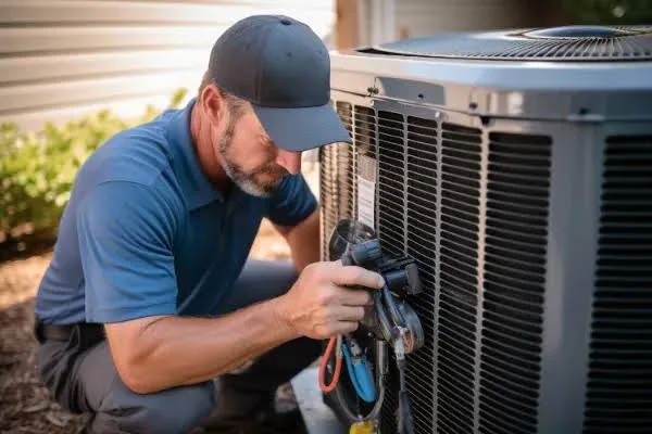 Technician repairing an outdoor residential air conditioner